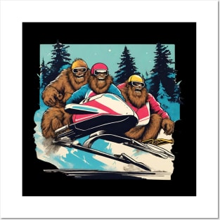 Funny Bigfoot Team Bobsleigh in Winter Time Vintage Bigfoot Dad Posters and Art